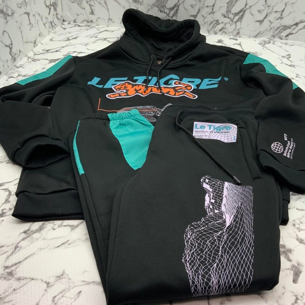 Men's Le Tigre Black | Teal Fleece Hooded Trascksuit Outfit Set NWT
